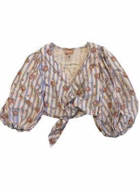 Show Me Your MuMu Ella Top Blue Cream Floral Stripe Wrap Linen Blend Size Small